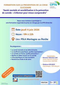 Soirée  "Santé mentale et sensibilisation à la prévention du suicide : s’informer pour mieux comprendre" Jeudi 4 juin 2026 - 🕖 Horaires : de 19h à 22h 📍 Lieu : Mortagne-au-Perche (salle PSLA)