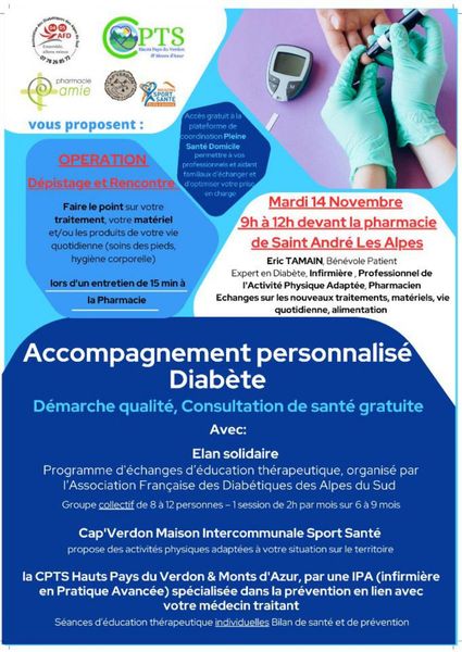 PREVENTION - Rencontre Dépistage Diabète - mardi 14 novembre 2023 - Devant la Pharmacie BOETTI à Saint André les Alpes
